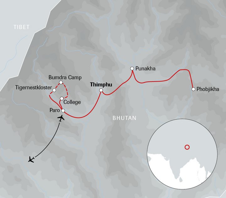 Karte der individuellen Bhutan-Reise mit Kurztrek