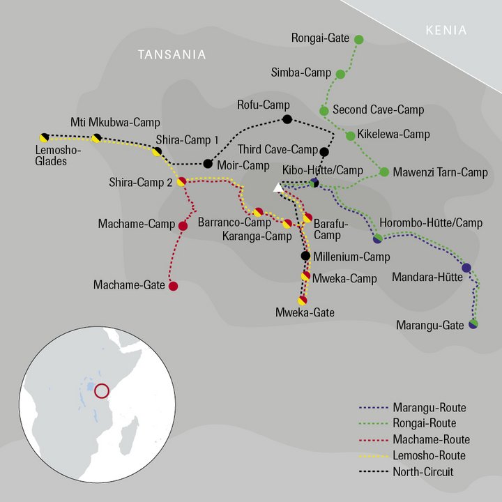 Tansania-Karte mit den Routen am Kilimanjaro