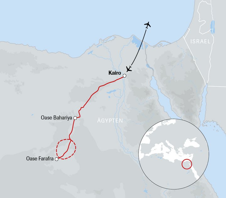 Karte mit der Route des Kameltrekkings in der Weissen Wüste
