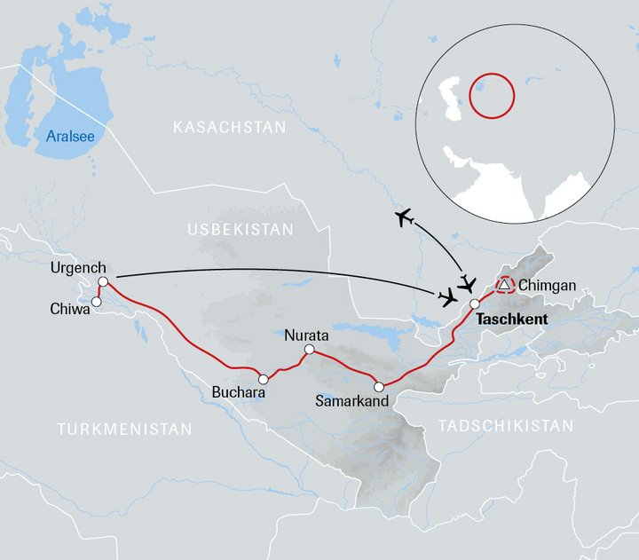 Karte der Usbekistan-Reise die goldene Strasse nach Samarkand
