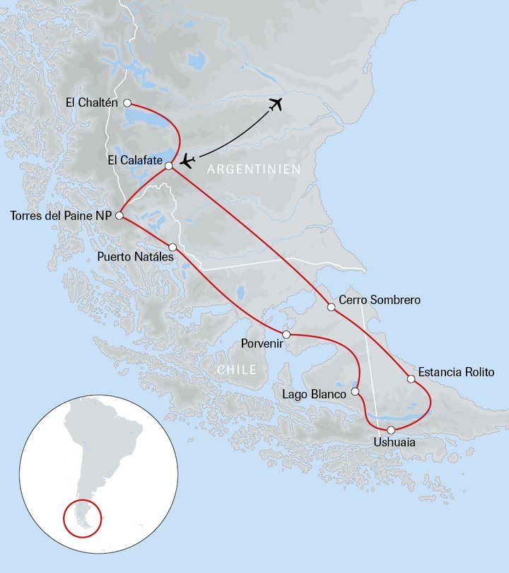 Karte der Reise Abenteuer Patagonien