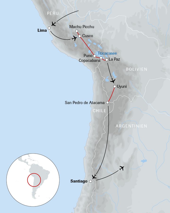 Karte der Reise von Machu Picchu in die Salzwüste