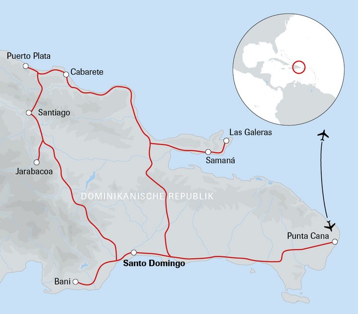 Karte der Reise in die Dominikanische Republik