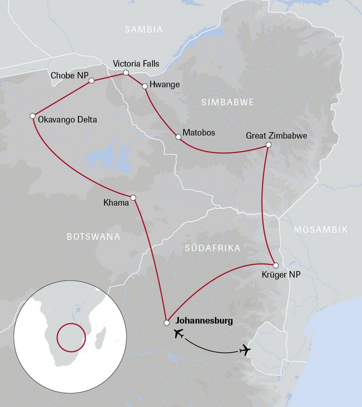 Karte der Reise nach Südafrika Botswana und Simbabwe