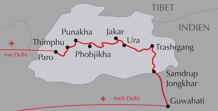 Karte der Reise Quer durch Bhutan