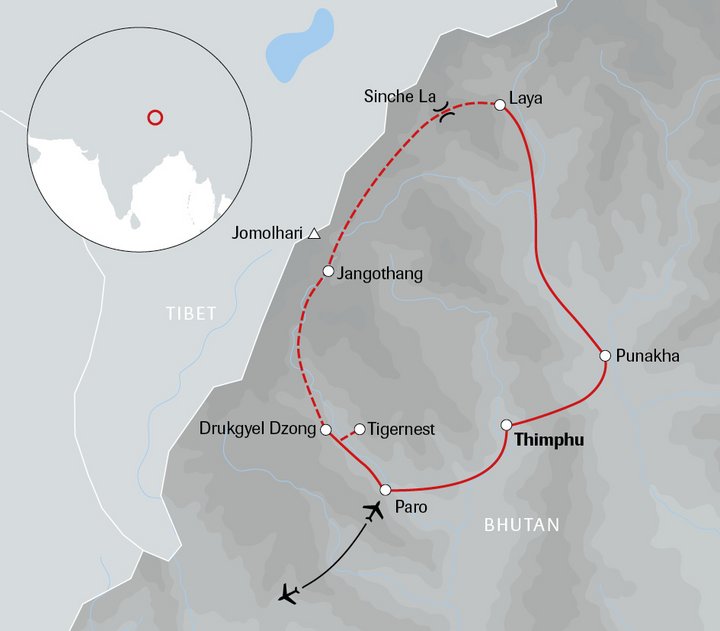 Karte des Laya-Trekkings in Bhutan Karte des Laya-Trekkings in Bhutan