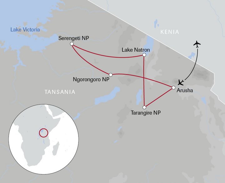 Karte der Tansania-Reise Abenteuer Wildnis