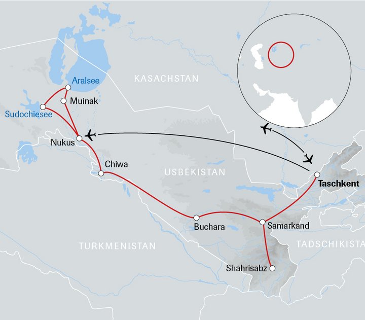 Karte der Reise Usbekistan umfassend