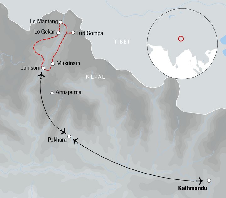 Karte der Nepal-Reise das Königreich Mustang