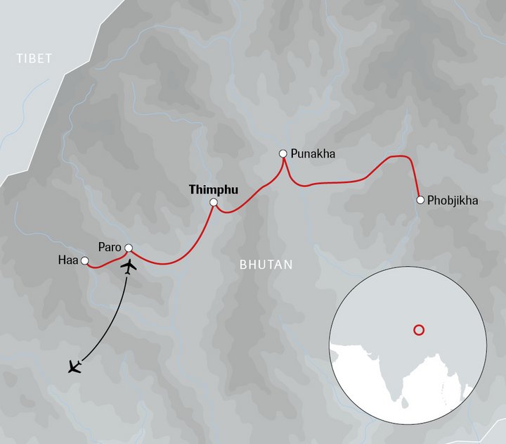 Karte der individuellen Rundreise Bhutan mit Gästehäusern