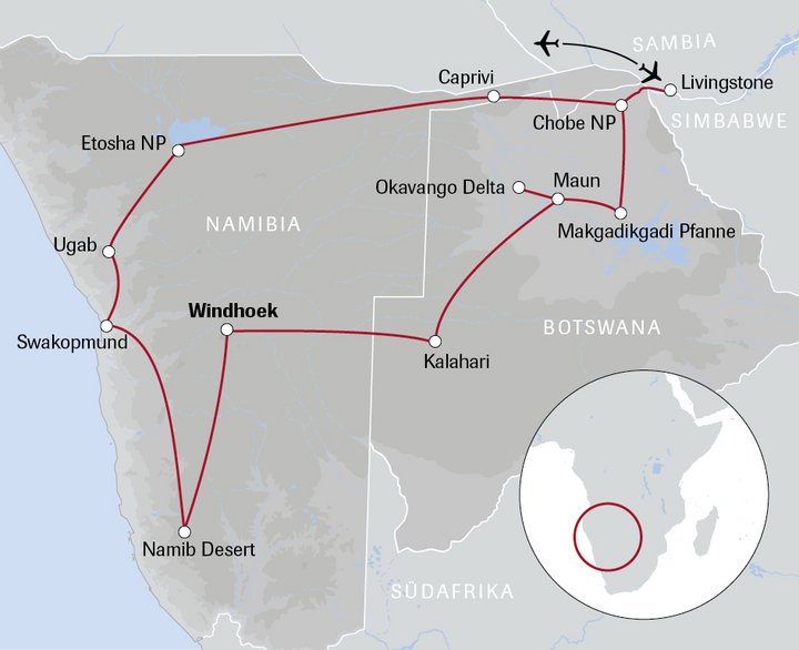 Karte der Reise nach Namibia und Botswana