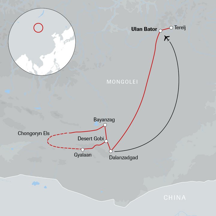 Karte der Mongolei-Reise Kameltrekking in der Wüste Gobi