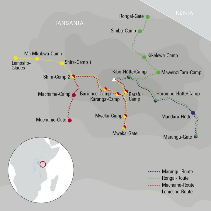 Karte mit den Routen am Kilimanjaro