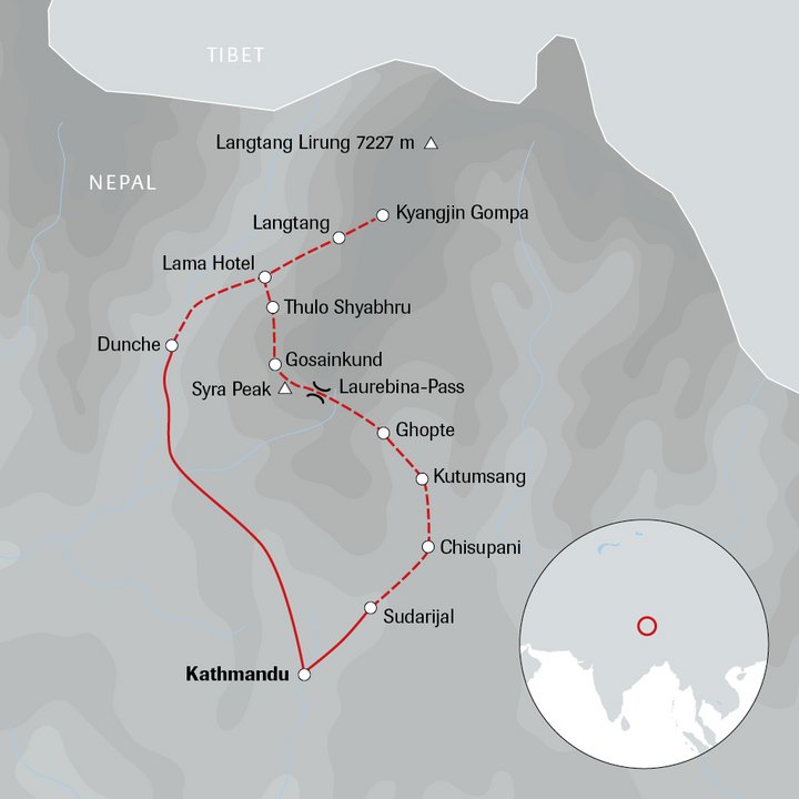 Karte der Nepal-Reise Langtang nach Helambu