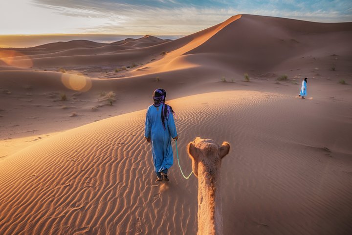 Kamelführer mit seinem Kamel in der Sahara von Marokko