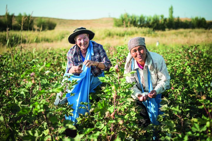Zwei Frauen bei der Baumwollernte in Kirgistan
