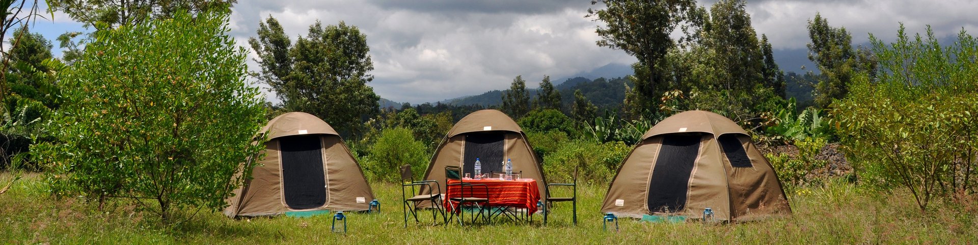 Drei Zelte stehen im Grünen in Tansania