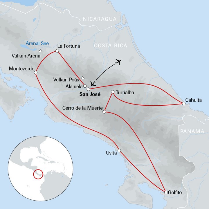 Karte Costa Rica - Regenwälder - karibische Rhythmen - Vulkane