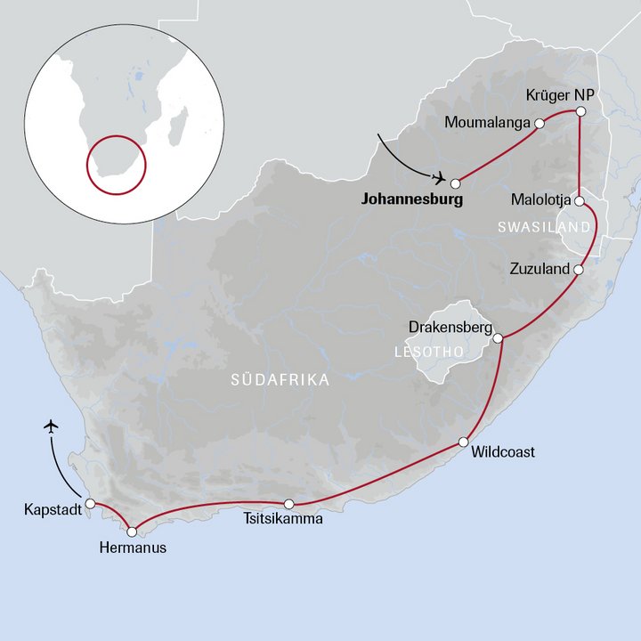 Karte der Südafrika-Reise Naturschönheiten am Kap