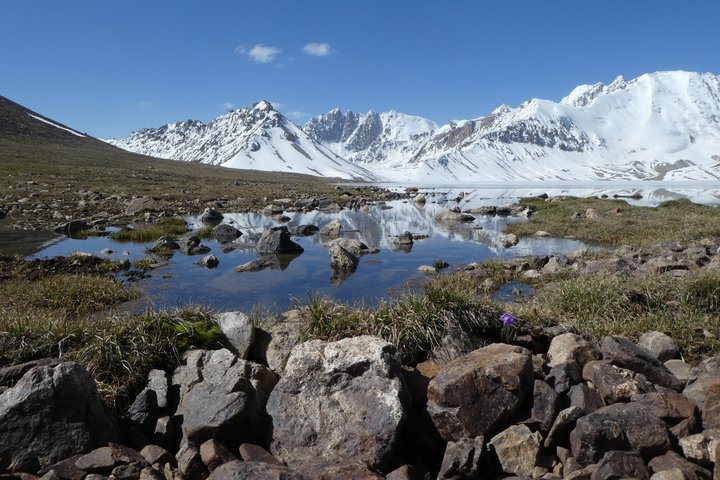 Spiegelnder Bergsee mit Panorama im Pamir