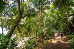 Zwei Personen wandern durch Dschungel von Sundy Praia nach Praia Margarida