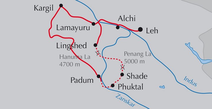 Karte mit der Route der Reise phantastisches Trekking in Zanskar