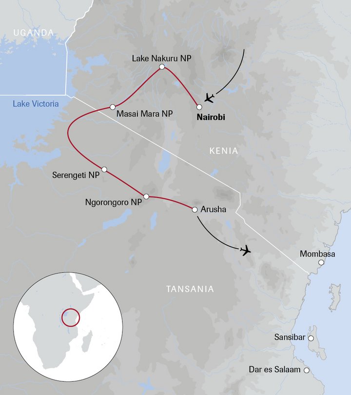 Karte Kenia & Tansania: Durch Ostafrikas Nationalparks 