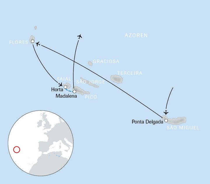 Karte der Mietwagenreise Azoren aktiv am Rande Europas