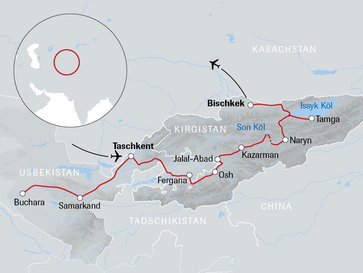 Karte Usbekistan Kirgistan Reise Herzstück der Seidenstrasse