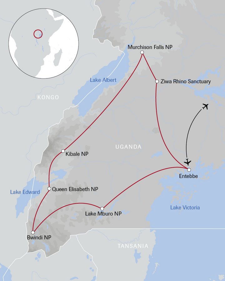 Karte der Uganda-Reise Primatensafari