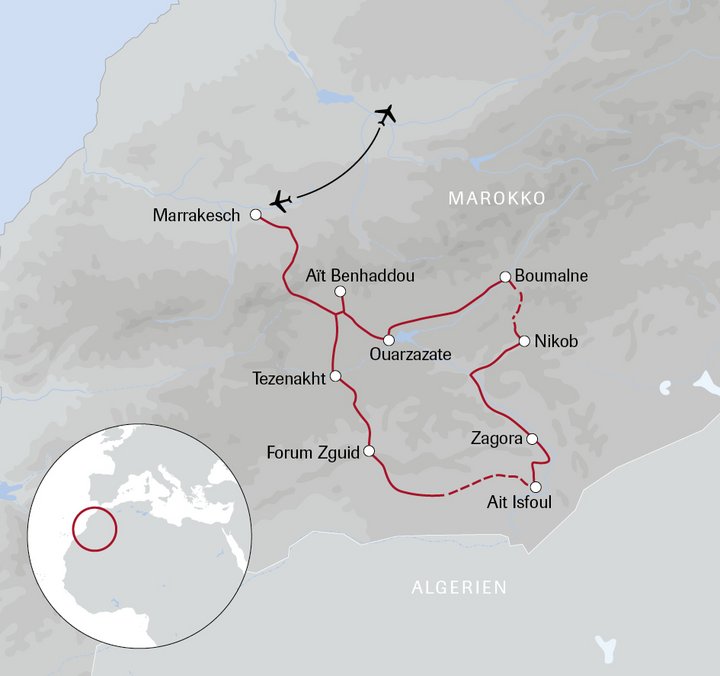 Karte der Marokko-Reise vom Atlas zu den Oasen der Sahara