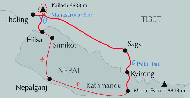 Karte mit der Route der Reise Pilgerroute von Nepal zum Kailash