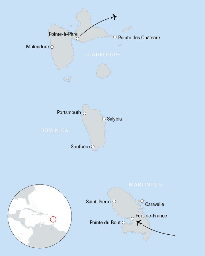 Karte der Reise nach Martinique - Dominica - Guadeloupe