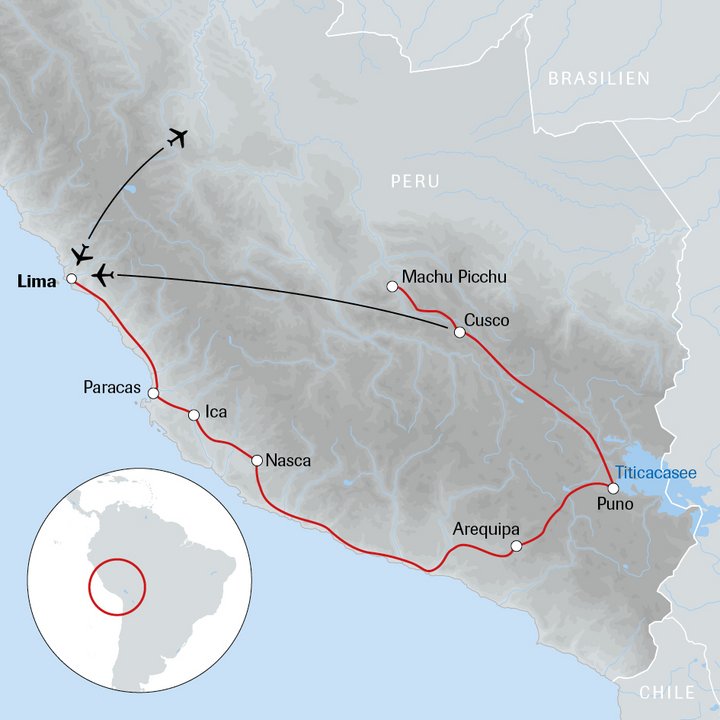 Karte der Reise die Südroute Perus