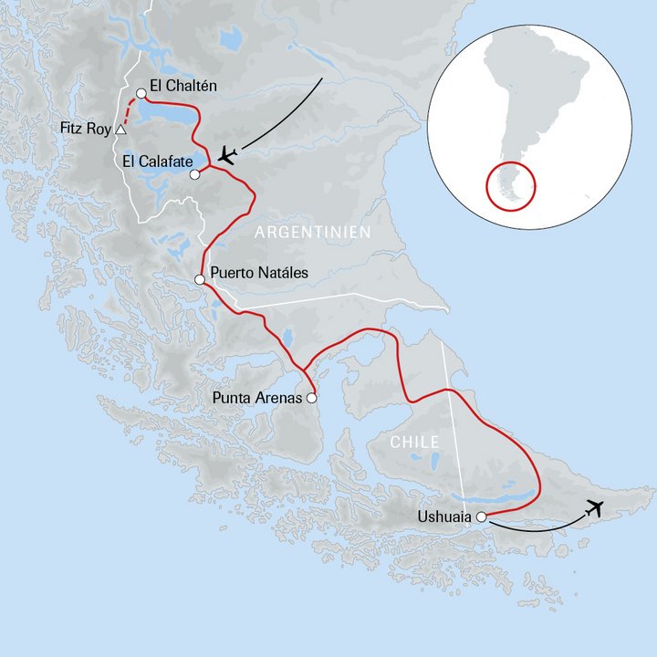 Karte der Reise Naturparadies Patagonien
