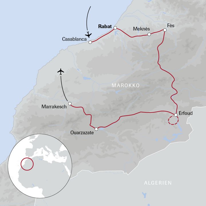 Karte der Marokko-Reise Wüstenmosaik und Königsstädte