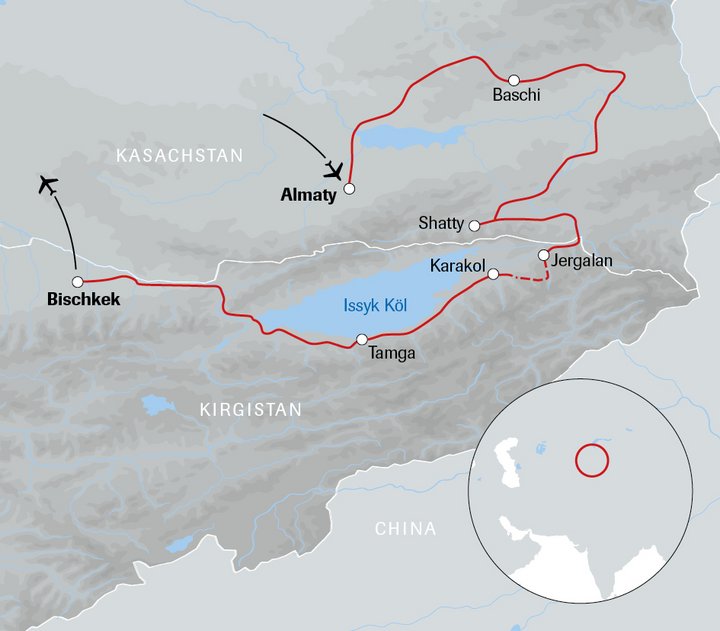 Karte der Reise durch Kasachstan und Kirgistan
