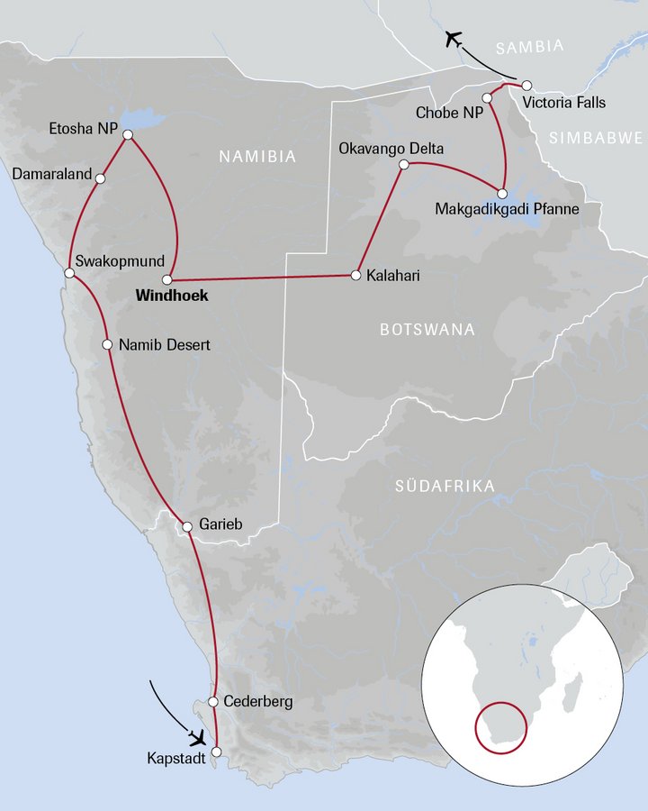 Karte der Reise von Kapstadt nach Victoria Falls