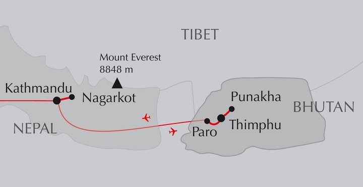 Karte mit der Route der Reise Nepal und Bhutan