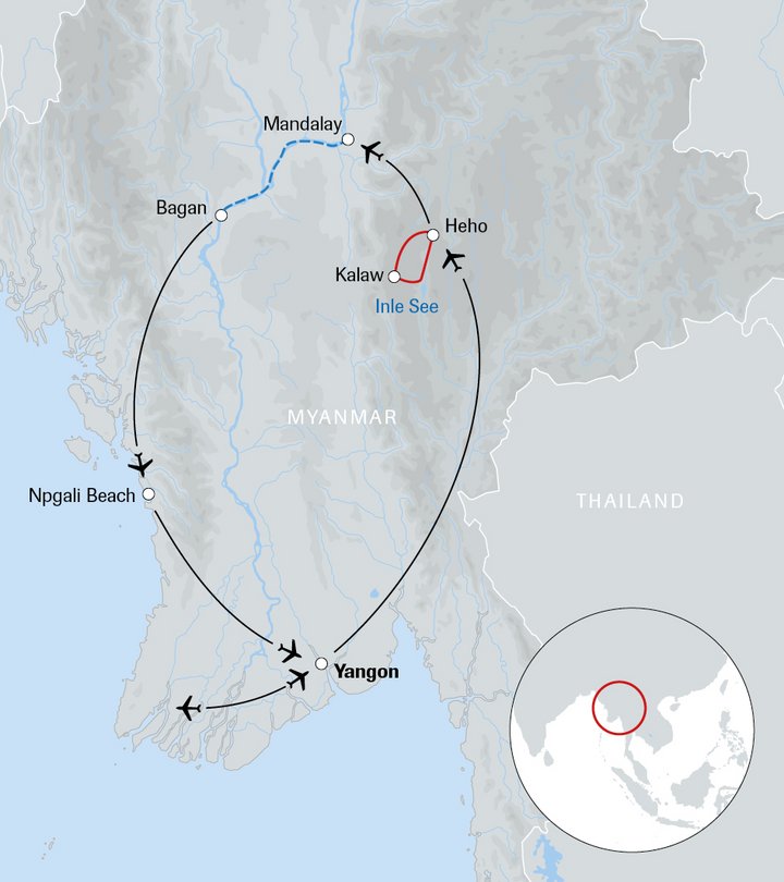 Karte der Reise Myanmar aktiv entdecken