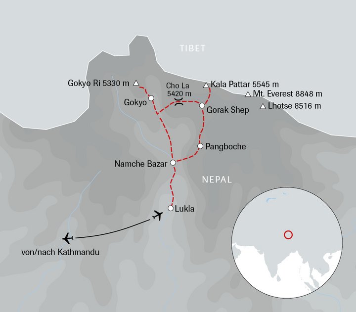 Karte der Nepal-Reise vom Gokyo-Tal zum Mount Everest