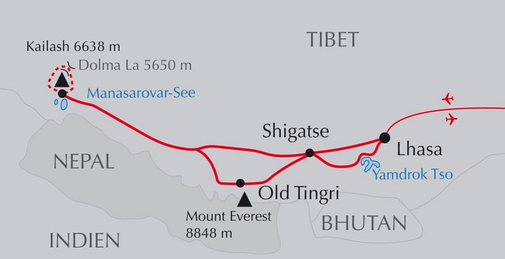 Karte der Reise klassische Route zum Kailash