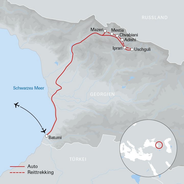 Karte des Pferdetrekkings in Swanetien