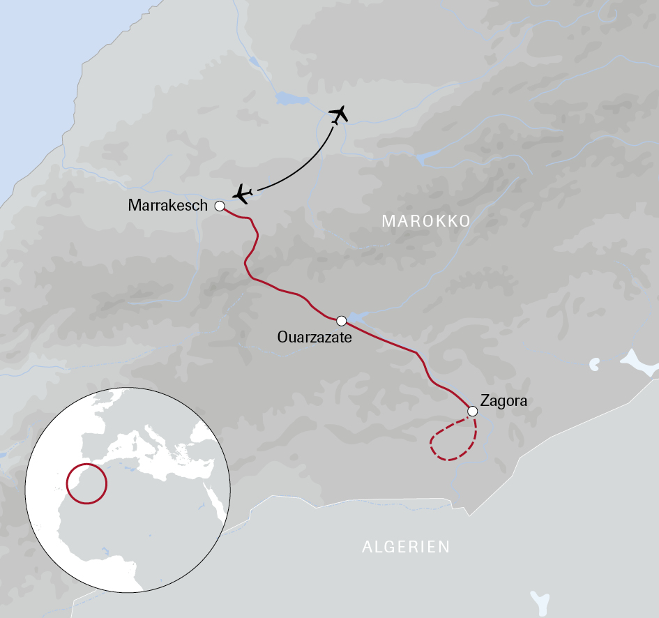 Karte der Marokko-Reise Karawane zu den Dünen von Chegaga